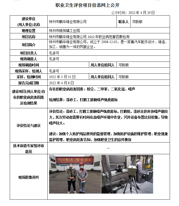 林州市鹏华铸业有限公司2022年职业病危害因素检测信息公示